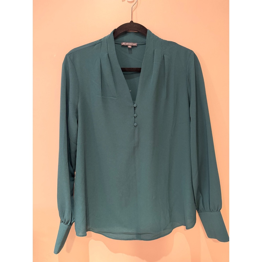 Adrianna Papell Womens Pleated V-Neck Crepe Blouse Teal Green Size M Long Sleeve